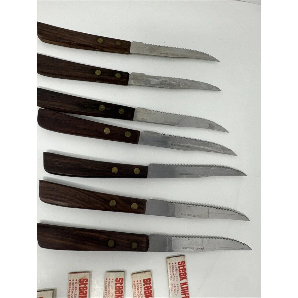 Vintage Quikut 15pc Wood Brown Handle Serrated Blade Steak Knife Set LOT OF 15